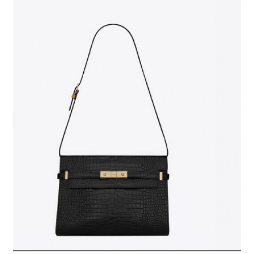 SAINT LAURENT MANHATTAN SHOULDER BAG IN CROCODILE-EMBOSSED SHINY LEATHER 579271 BLACK