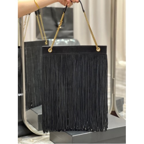 SAINT LAURENT MEDIUM CHAIN BAG IN LIGHT SUEDE WITH FRINGES 633752 BLACK