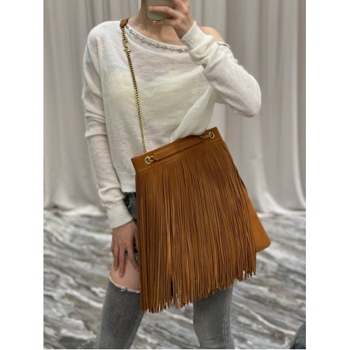 SAINT LAURENT MEDIUM CHAIN BAG IN LIGHT SUEDE WITH FRINGES 633752 Brown