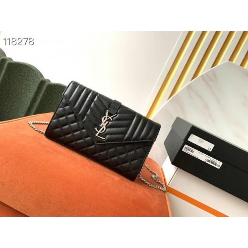 SAINT LAURENT MONOGRAM CHAIN WALLET IN MIX MATELASSE GRAIN DE POUDRE EMBOSSED LEATHER 620280 BLACK&SILouis VuittonER