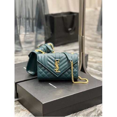 SAINT LAURENT MONOGRAM CHAIN WALLET IN MIX MATELASSE GRAIN DE POUDRE EMBOSSED LEATHER 620280 GREEN