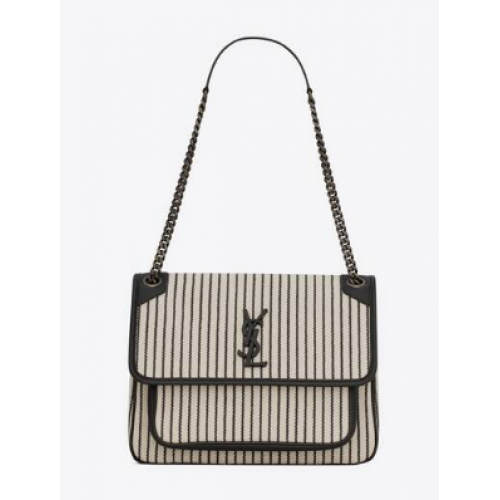 SAINT LAURENT NIKI MEDIUM CHAIN BAG IN CANVAS 633150 CREAM ET NOIR