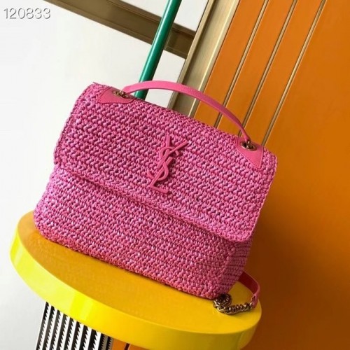 SAINT LAURENT NIKI MEDIUM CHAIN BAG IN RAFFIA 498894 Plum