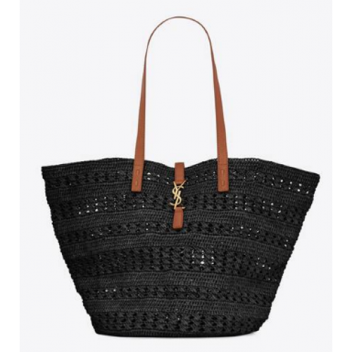 SAINT LAURENT PANIER MEDIUM BAG IN CROCHET RAFFIA AND SMOOTH LEATHER 688221 NOIR