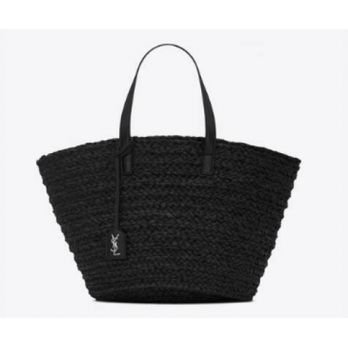 SAINT LAURENT PANIER MEDIUM BAG IN RAFFIA 693242 BLACK