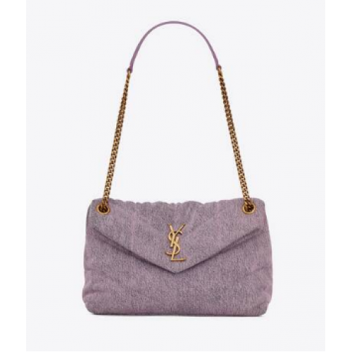 SAINT LAURENT PUFFER SMALL CHAIN BAG IN DENIM AND SMOOTH LEATHER 577476 BLEACHED LILAC