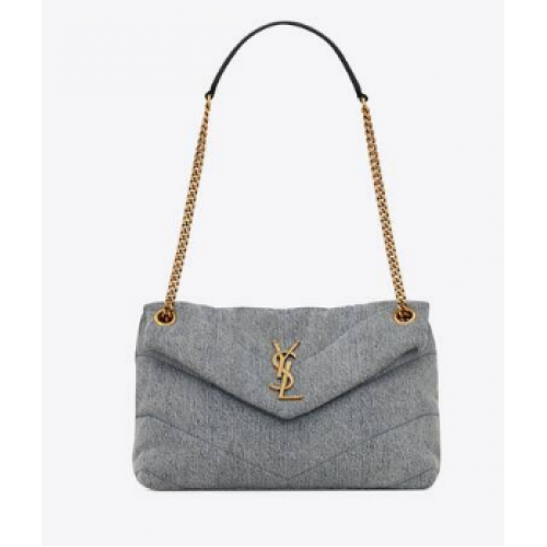 SAINT LAURENT PUFFER SMALL CHAIN BAG IN DENIM AND SMOOTH LEATHER 577476 BLUE-GRAY