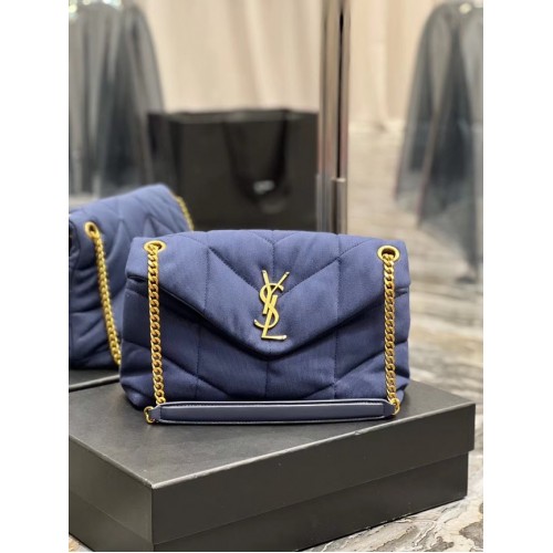SAINT LAURENT PUFFER SMALL CHAIN BAG IN DENIM AND SMOOTH LEATHER 577476 dark blue