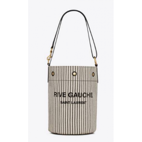 SAINT LAURENT RIVE GAUCHE BUCKET BAG IN STRIPED CANVAS AND LEATHER 669299 CREAM ET NOIR