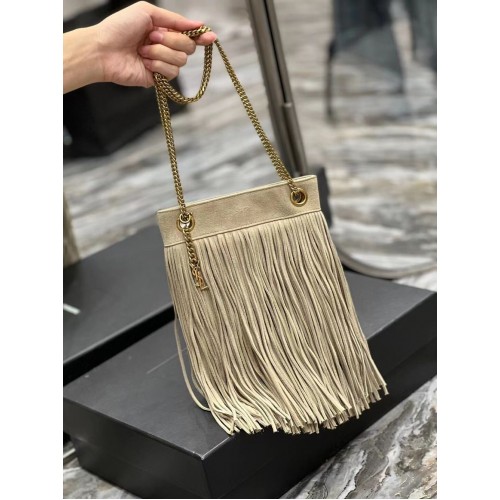 SAINT LAURENT SMALL CHAIN BAG IN LIGHT SUEDE WITH FRINGES 683378 GRAY