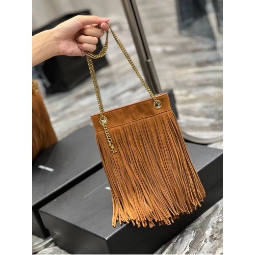 SAINT LAURENT SMALL CHAIN BAG IN LIGHT SUEDE WITH FRINGES 683378 brown