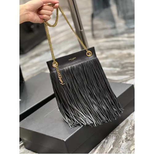 SAINT LAURENT SMALL CHAIN BAG IN SMOOTH LEATHER WITH FRINGES 683378 BLACK