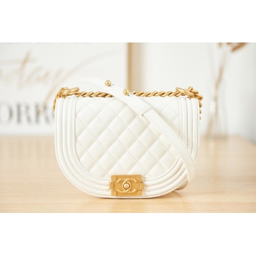 SMALL BOY CHANEL MESSENGER BAG Grained Calfskin Gold-Tone Metal AS3350 white