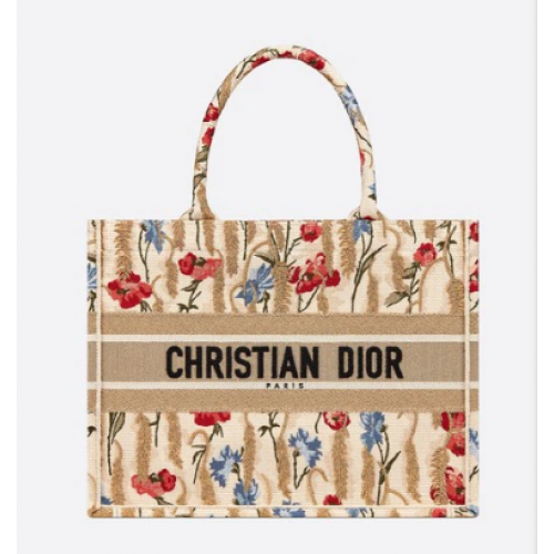 SMALL DIOR BOOK TOTE Beige Multicolor Dior Hibiscus Metallic Thread Embroidery M1296