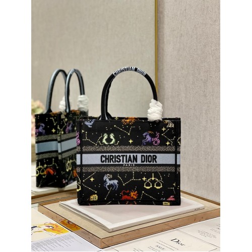 SMALL DIOR BOOK TOTE Black Multicolor Dior Pixel Zodiac Embroidery M1265ZRTY