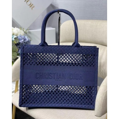 SMALL DIOR BOOK TOTE Blue Mesh Embroidery M1296Z