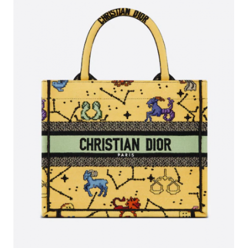 SMALL DIOR BOOK TOTE Yellow Multicolor Dior Pixel Zodiac Embroidery M1265ZRTY