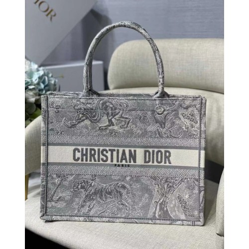 SMALL DIOR BOOK TOTE grey Toile de Jouy Reverse Embroidery M1296Z