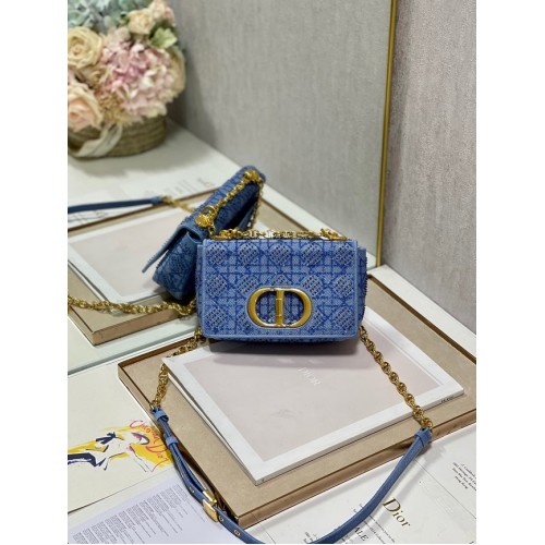 SMALL DIOR CARO BAG Macrocannage Tweed Embroidery M9241 BLUE