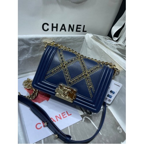 Small BOY CHANEL Handbag Crumpled Calfskin Gold-Tone Metal A67085 dark blue