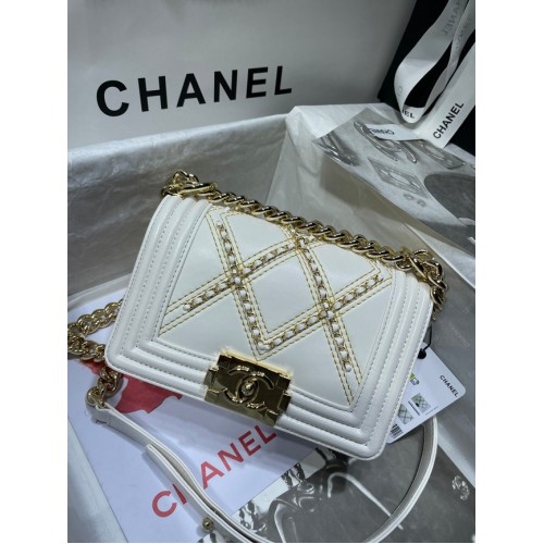 Small BOY CHANEL Handbag Crumpled Calfskin Gold-Tone Metal A67085 white