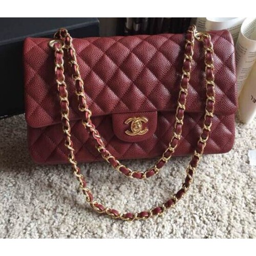 Top Quality Chanel Classic A36070 Burgundy Original Grain Leather Large Flap Bag Golden