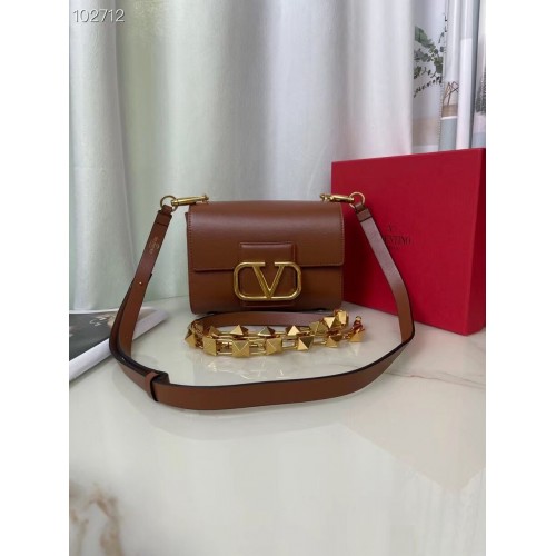 VALENTINO GARAVANI Stud Sign Grained Calfskin Shoulder Bag V0196 brown