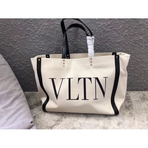 VALENTINO Rockstud Canvas Shopping Bag V0978 Wihte&Black