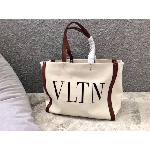 VALENTINO Rockstud Canvas Shopping Bag V0978 Wihte&Wine