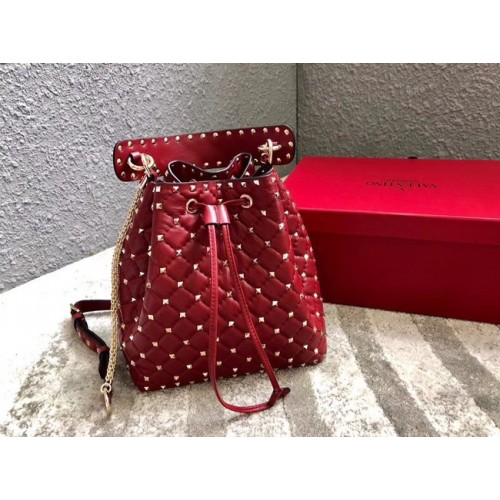 VALENTINO Rockstud leather bucket bag 0059L red