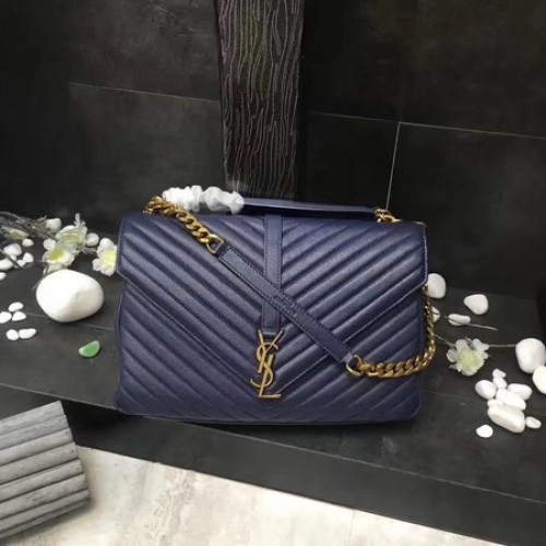 YSL Classic Monogramme Blue Leather Flap Bag Y392738 Gold