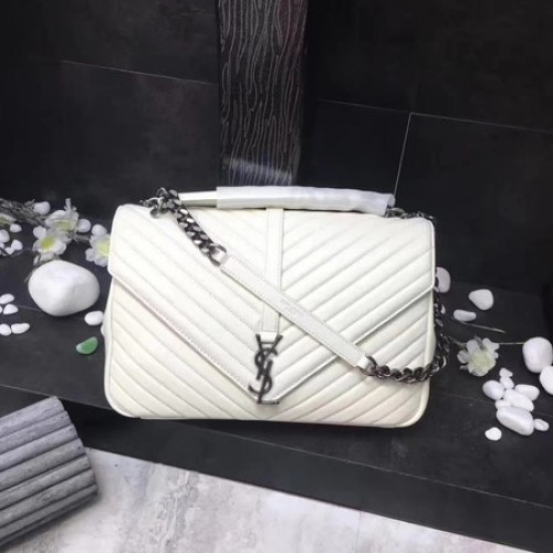YSL Classic Monogramme White Leather Flap Bag Y392738 Silver