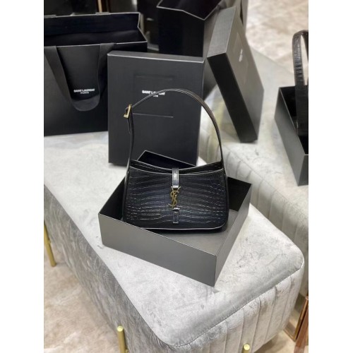 YSL LE 5 A 7 HOBO BAG IN CROCODILE-EMBOSSED SHINY LEATHER Y687228 black