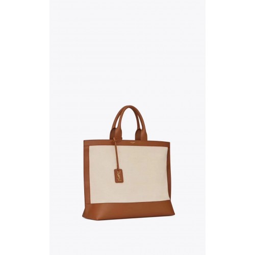 Yves Saint Laurent SHOPPING TAG IN CANVAS AND LEATHER Y615719 brown&white