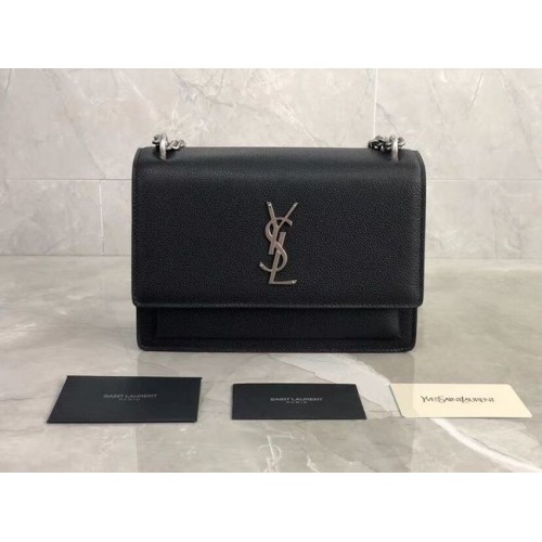 Yves Saint Laurent Calfskin Leather Shoulder Bag Y542206B black&silver-Tone Metal