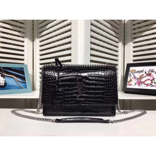 Yves Saint Laurent Croco Leather Cross-body Shoulder Bag Y00931 Black
