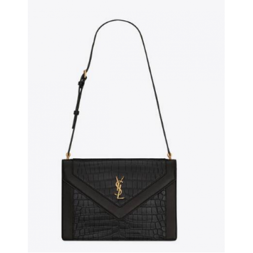Yves Saint Laurent GABY SATCHEL IN CROCODILE-EMBOSSED LACQUERED LEATHER AND LAMBSKIN 695724 black