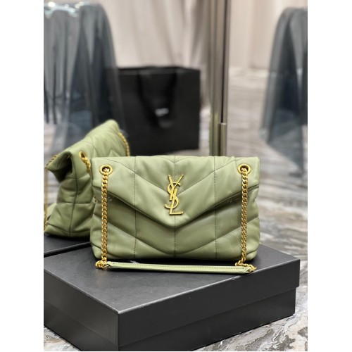 Yves Saint Laurent LOULOU PUFFER MEDIUM BAG IN QUILTED CRINKLED MATTE LEATHER Y577475 LIGHT GREEN