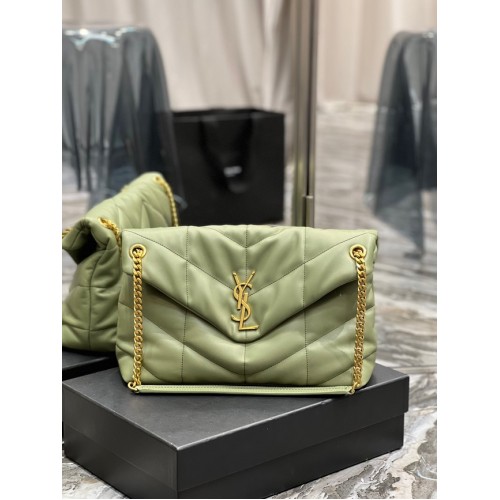 Yves Saint Laurent LOULOU PUFFER MEDIUM BAG IN QUILTED CRINKLED MATTE LEATHER Y577475 LIGHT GREEN