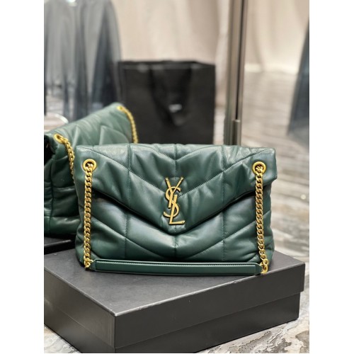 Yves Saint Laurent LOULOU PUFFER MEDIUM BAG IN QUILTED CRINKLED MATTE LEATHER Y577475 blackish green