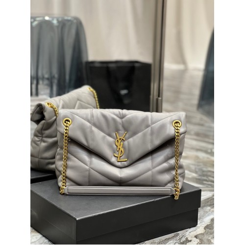 Yves Saint Laurent LOULOU PUFFER MEDIUM BAG IN QUILTED CRINKLED MATTE LEATHER Y577475 gray