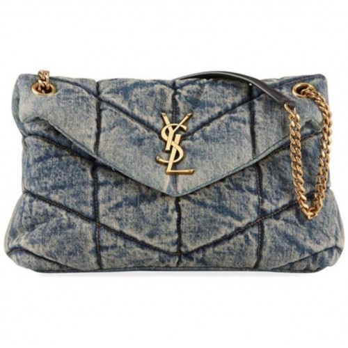 Yves Saint Laurent PUFFER SMALL BAG IN QUILTED VINTAGE DENIM AND SUEDE Y577476 Blue