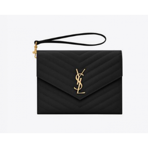 Yves Saint Laurent MONOGRAM CLUTCH IN QUILTED GRAIN DE POUDRE EMBOSSED LEATHER 617662 black