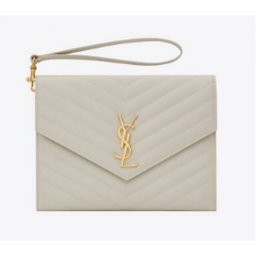 Yves Saint Laurent MONOGRAM CLUTCH IN QUILTED GRAIN DE POUDRE EMBOSSED LEATHER 617662 white