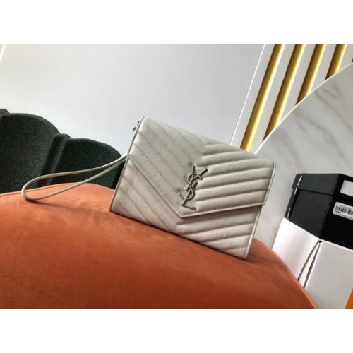 Yves Saint Laurent MONOGRAM CLUTCH IN QUILTED GRAIN DE POUDRE EMBOSSED LEATHER B617662 white