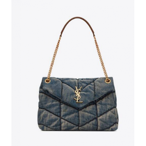Yves Saint Laurent PUFFER MEDIUM BAG IN VINTAGE DENIM AND SUEDE 577475 Blue