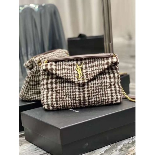 Yves Saint Laurent PUFFER SMALL BAG IN CHECKED TWEED AND LAMBSKIN Y597476 BEIGE