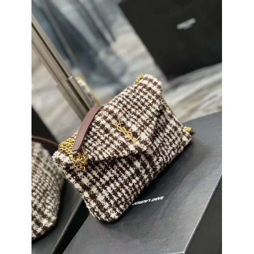 Yves Saint Laurent PUFFER SMALL BAG IN CHECKED TWEED AND LAMBSKIN Y597477 BEIGE