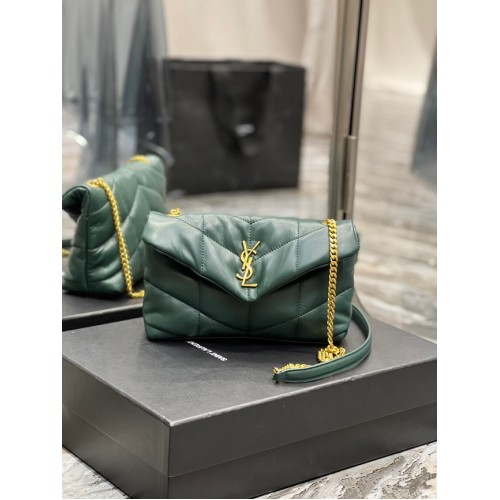 Yves Saint Laurent PUFFER SMALL CHAIN BAG IN QUILTED LAMBSKIN 620333 blackish green