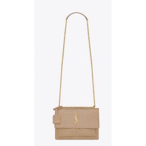Yves Saint Laurent SUNSET MEDIUM CHAIN BAG IN CROCODILE EMBOSSED SHINY LEATHER 442906 DARK BEIGE